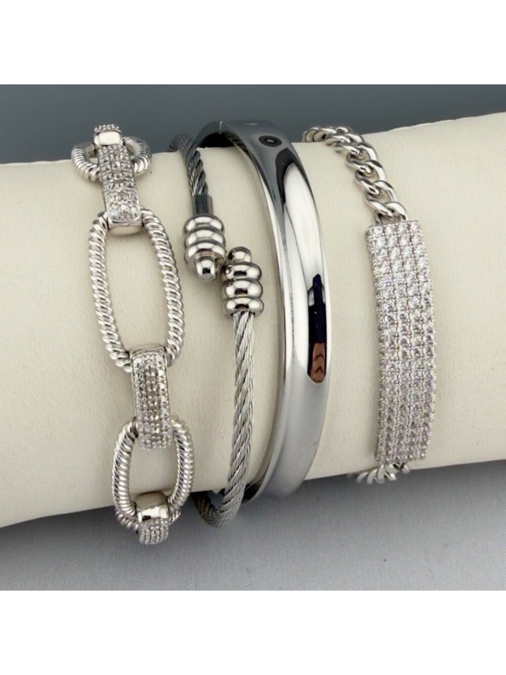 Silver Tone Cable Pave Chain Bangle Bracelet Set of 4 CZ Accents Stackable